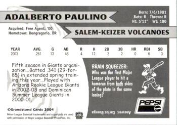 2004 Grandstand Salem-Keizer Volcanoes #21 Adalberto Paulino Back