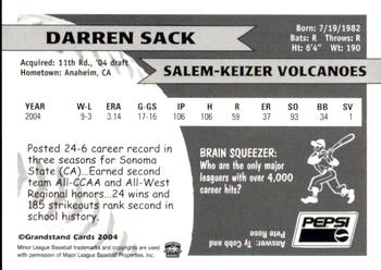 2004 Grandstand Salem-Keizer Volcanoes #25 Darren Sack Back