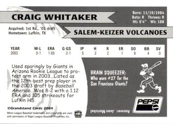 2004 Grandstand Salem-Keizer Volcanoes #32 Craig Whitaker Back