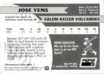 2004 Grandstand Salem-Keizer Volcanoes #34 Jose Yens Back