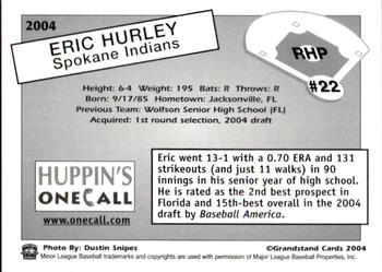 2004 Grandstand Spokane Indians #22 Eric Hurley Back