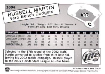 2004 Grandstand Vero Beach Dodgers #NNO Russell Martin Back