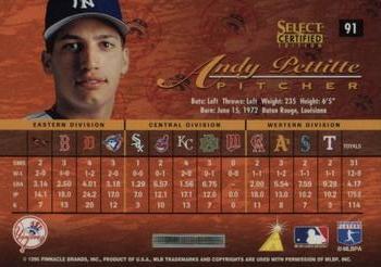 1996 Select Certified - Certified Blue #91 Andy Pettitte Back