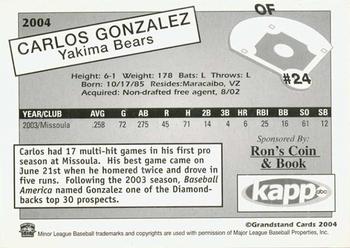 2004 Grandstand Yakima Bears #NNO Carlos Gonzalez Back
