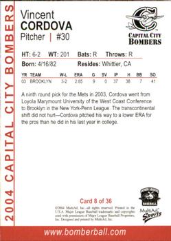 2004 MultiAd Capital City Bombers #7 Vincent Cordova Back