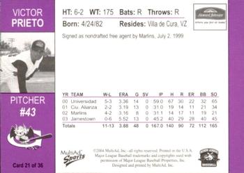2004 MultiAd Greensboro Bats #21 Victor Prieto Back