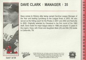 2004 MultiAd Hickory Crawdads #1 Dave Clark Back