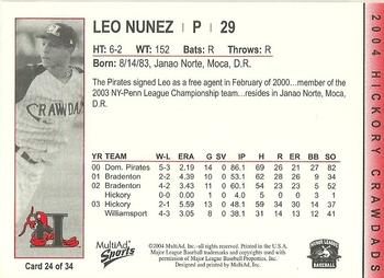2004 MultiAd Hickory Crawdads #24 Leo Nunez Back