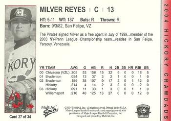 2004 MultiAd Hickory Crawdads #27 Milver Reyes Back