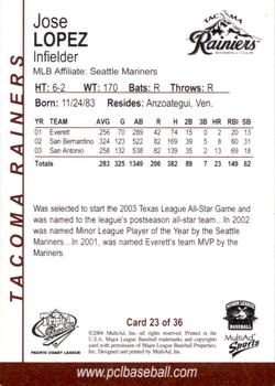 2004 MultiAd Pacific Coast League Top Prospects #23 Jose Lopez Back