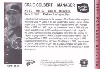 2004 MultiAd Portland Beavers #1 Craig Colbert Back