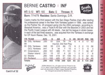2004 MultiAd Portland Beavers #8 Bernie Castro Back