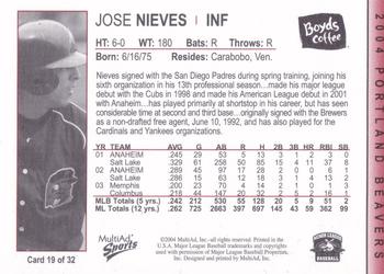 2004 MultiAd Portland Beavers #19 Jose Nieves Back
