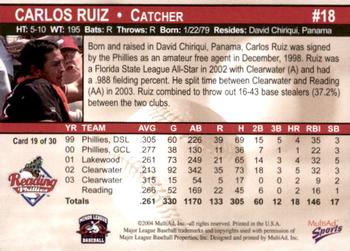 2004 MultiAd Reading Phillies #19 Carlos Ruiz Back