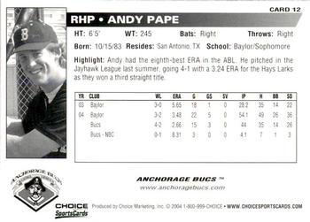 2004 Choice Anchorage Bucs #12 Andy Pape Back
