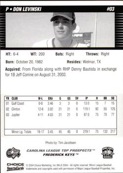 2004 Choice Carolina League Top Prospects #03 Don Levinski Back