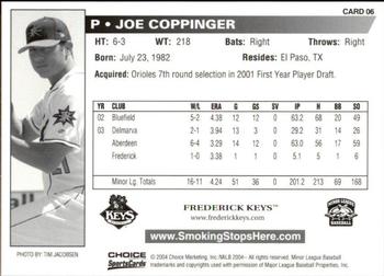 2004 Choice Frederick Keys SGA #06 Joe Coppinger Back