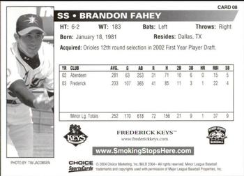 2004 Choice Frederick Keys SGA #08 Brandon Fahey Back
