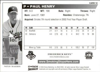 2004 Choice Frederick Keys SGA #12 Paul Henry Back