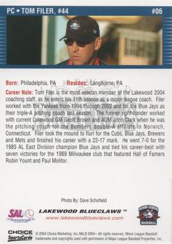 2004 Choice Lakewood BlueClaws #06 Tom Filer Back