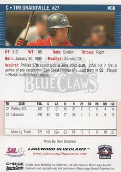2004 Choice Lakewood BlueClaws #08 Tim Gradoville Back