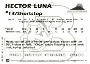 2000 Grandstand Burlington Indians #NNO Hector Luna Back