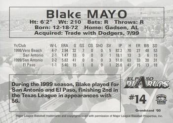 2000 Grandstand El Paso Diablos #NNO Blake Mayo Back