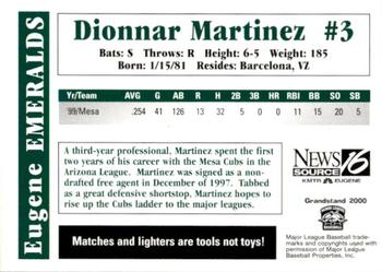2000 Grandstand Eugene Emeralds #NNO Dionnar Martinez Back