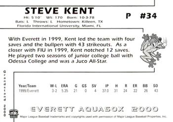 2000 Grandstand Everett AquaSox #NNO Steve Kent Back