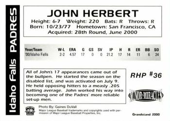 2000 Grandstand Idaho Falls Padres #NNO John Herbert Back