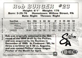 2000 Grandstand Salem Avalanche #NNO Rob Burger Back
