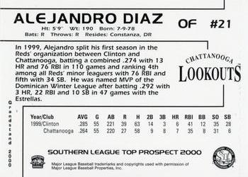 2000 Grandstand Southern League Top Prospects #NNO Alejandro Diaz Back