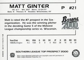 2000 Grandstand Southern League Top Prospects #NNO Matt Ginter Back