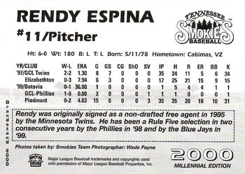 2000 Grandstand Tennessee Smokies #NNO Rendy Espina Back