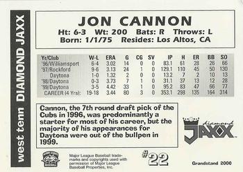 2000 Grandstand West Tenn Diamond Jaxx #NNO Jon Cannon Back