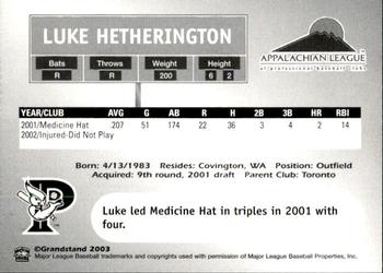 2003 Grandstand Appalachian League Top Prospects #NNO Luke Hetherington Back