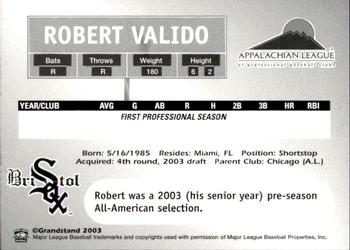 2003 Grandstand Appalachian League Top Prospects #NNO Robert Valido Back