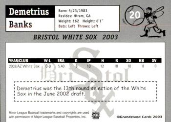 2003 Grandstand Bristol White Sox #2 Demetrius Banks Back