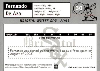 2003 Grandstand Bristol White Sox #8 Fernando De Aza Back