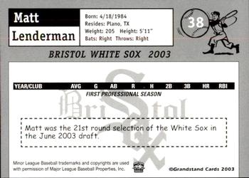 2003 Grandstand Bristol White Sox #14 Matt Lenderman Back