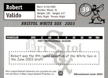 2003 Grandstand Bristol White Sox #27 Robert Valido Back