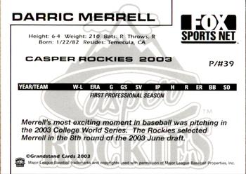 2003 Grandstand Casper Rockies #10 Darric Merrell Back