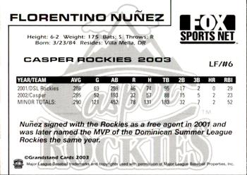 2003 Grandstand Casper Rockies #14 Florentino Nunez Back
