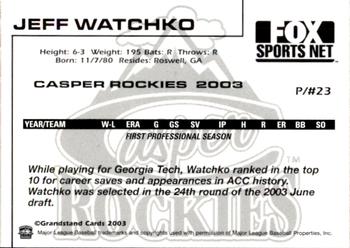 2003 Grandstand Casper Rockies #28 Jeff Watchko Back