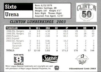 2003 Grandstand Clinton LumberKings #NNO Sixto Urena Back