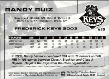 2003 Grandstand Frederick Keys #NNO Randy Ruiz Back