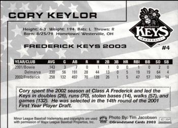 2003 Grandstand Frederick Keys #NNO Cory Keylor Back