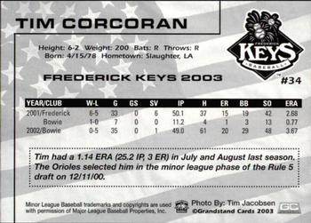 2003 Grandstand Frederick Keys #NNO Tim Corcoran Back
