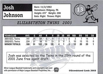 2003 Grandstand Elizabethton Twins #NNO Josh Johnson Back