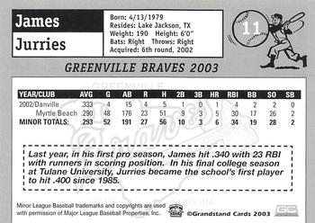 2003 Grandstand Greenville Braves #NNO James Jurries Back